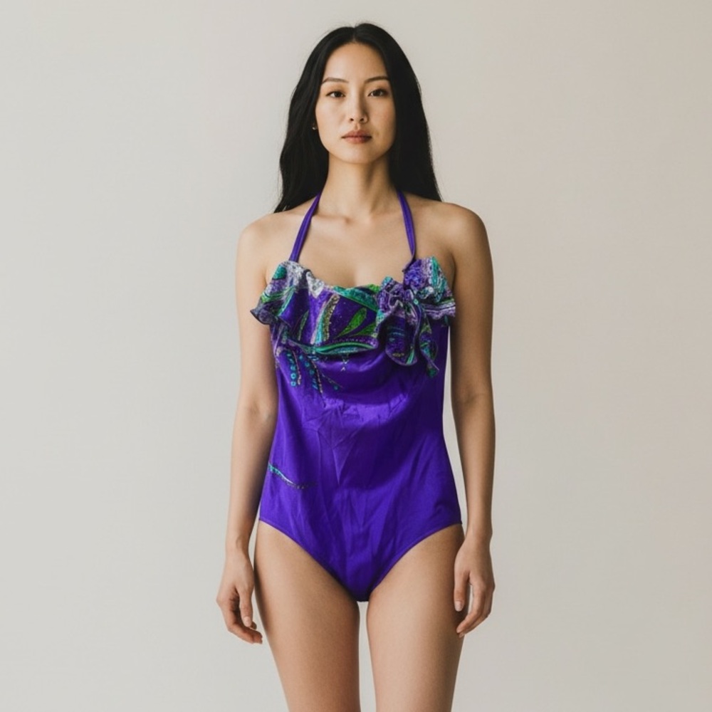 Vintage 70’s Sirena One-Piece Purple Paisley Halter Swimsuit Size Large